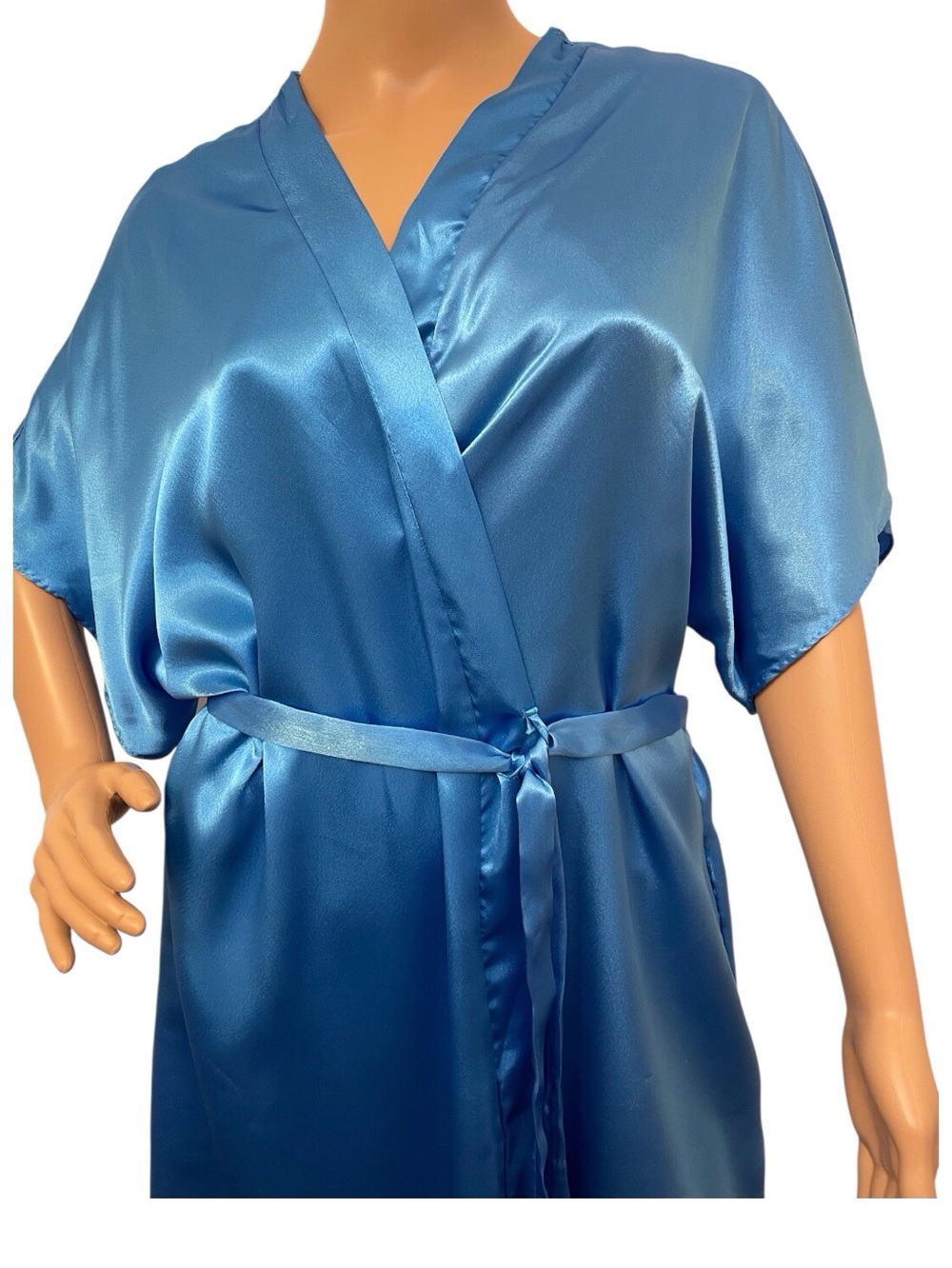 Cinema Etoile Women's Blue Satin Kimono Night Gown Robe, L - Picture 3 of 9